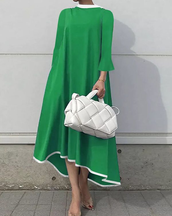 A-line Flared Sleeves Asymmetric Contrast Color Mock Neck Maxi Dresses