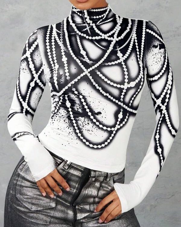 Long Sleeves Skinny Printed Striped High Neck T-Shirts Tops