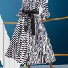 A-Line High Waisted Buttoned Contrast Color Plaid Pockets Tied Waist Lapel Midi Dresses