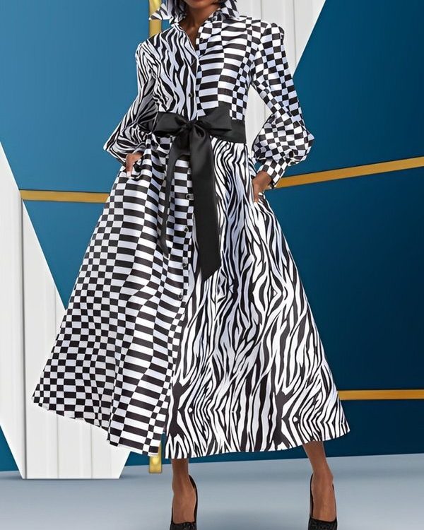 A-Line High Waisted Buttoned Contrast Color Plaid Pockets Tied Waist Lapel Midi Dresses
