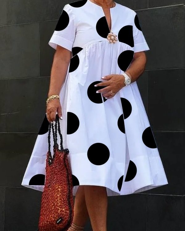 A-Line Short Sleeves Pleated Polka-Dot Printed Split-Joint Round-Neck Midi Dresses