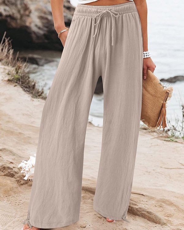 Loose Wide Leg Drawstring Elasticity Pockets Solid Color Pants Trousers