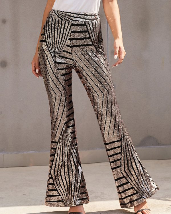 Flared Pants High Waisted Contrast Color Striped Sequined Pants