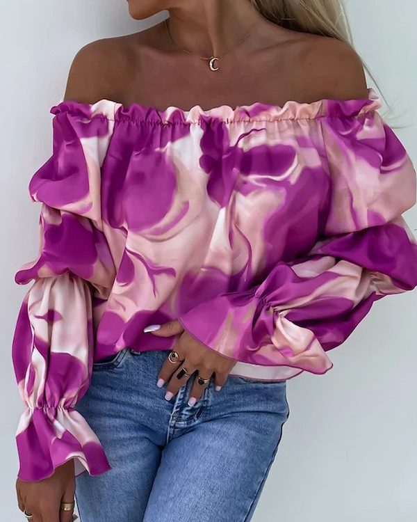 Long Sleeves Loose Elasticity Printed Off-The-Shoulder T-Shirts Tops