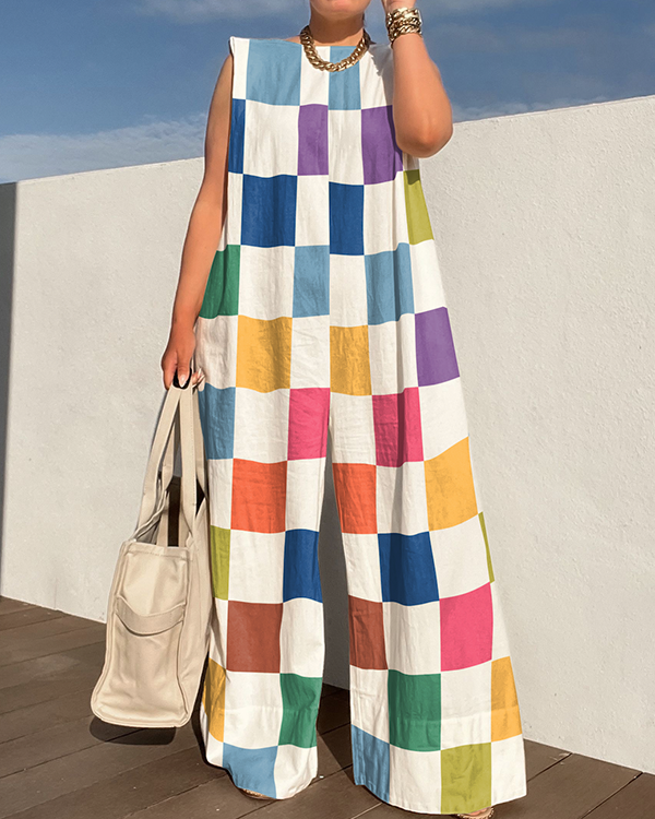 Loose Sleeveless Contrast Color Plaid Shoulder Pad Jumpsuits