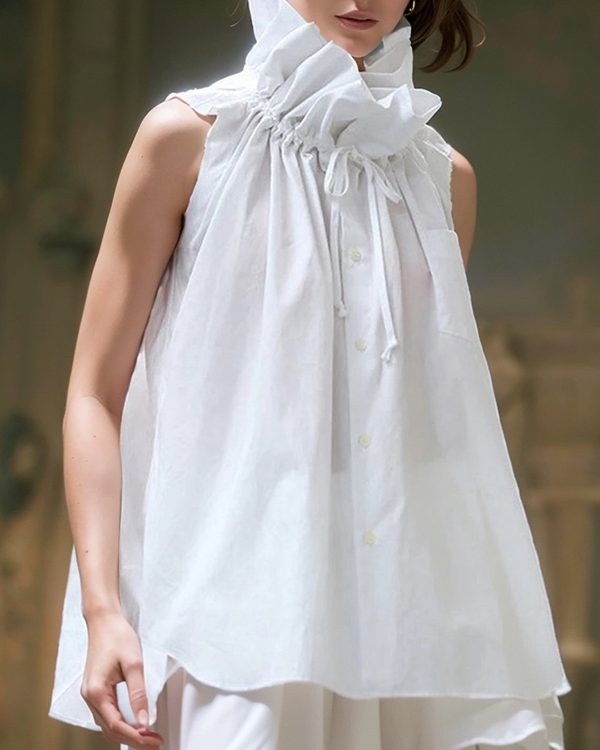Loose Sleeveless Buttoned Drawstring Pleated Solid Color Stand Collar Vest Top