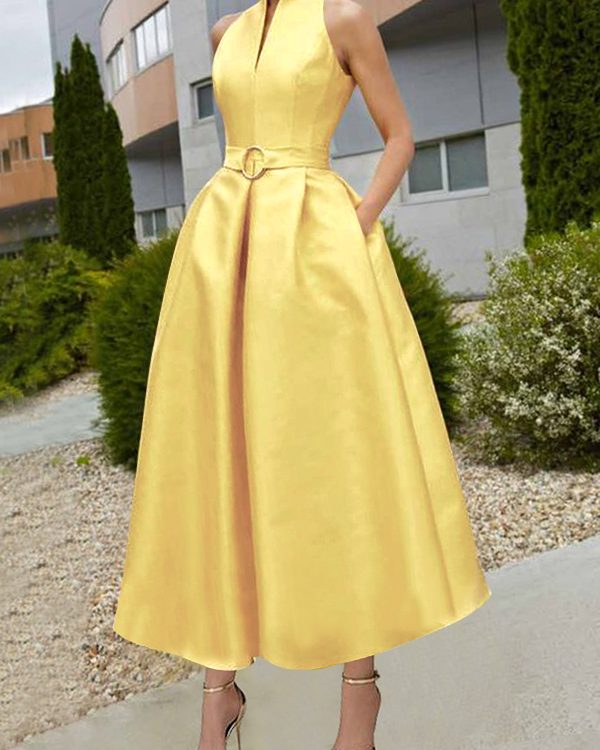A-Line Loose Belted Pleated Pockets Solid Color V-Neck Midi Dresses