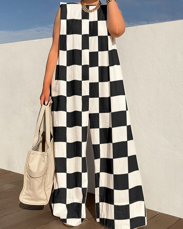 Loose Sleeveless Checkerboard Shoulder Pad Split-Joint Round-neck Jumpsuits