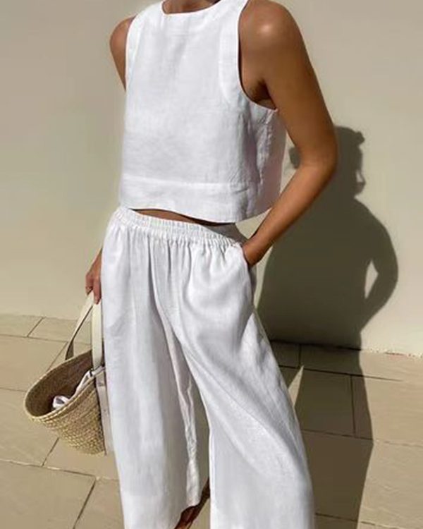 Solid Color Round-Neck Sleeveless Vest + Elasticity Wide Leg Pants Two Pieces Set