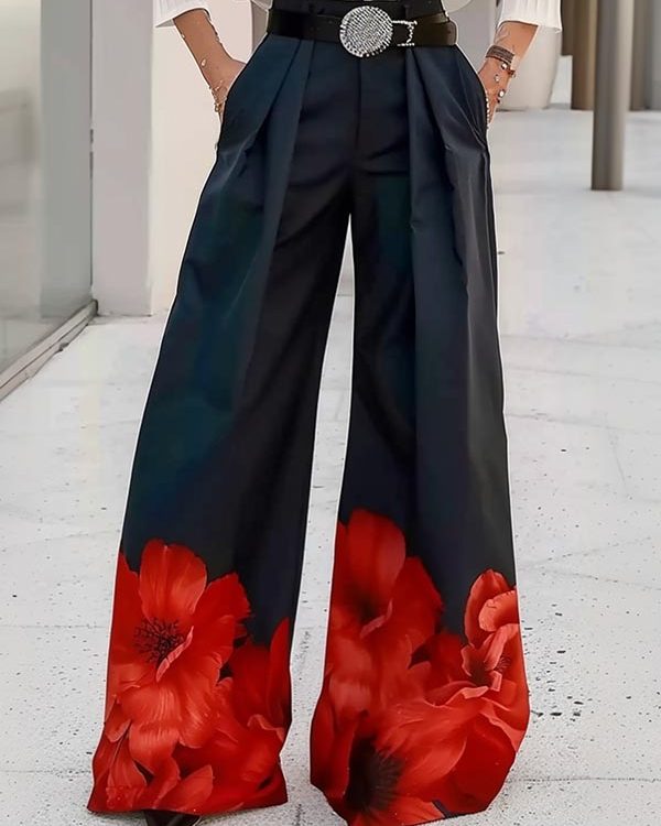 High Waisted Loose Floral Printed Pleated Split-Joint Pants Trousers