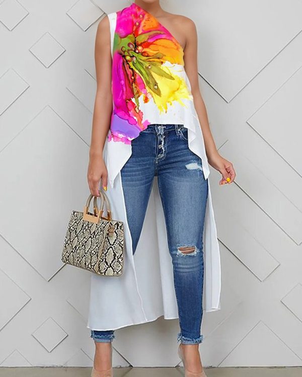 High-Low Loose Asymmetric Floral Printed Split-Joint One-Shoulder Vest Top