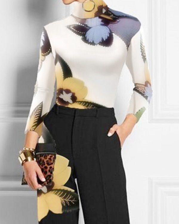 Long Sleeves Skinny Flower Print High Neck T-Shirts Tops