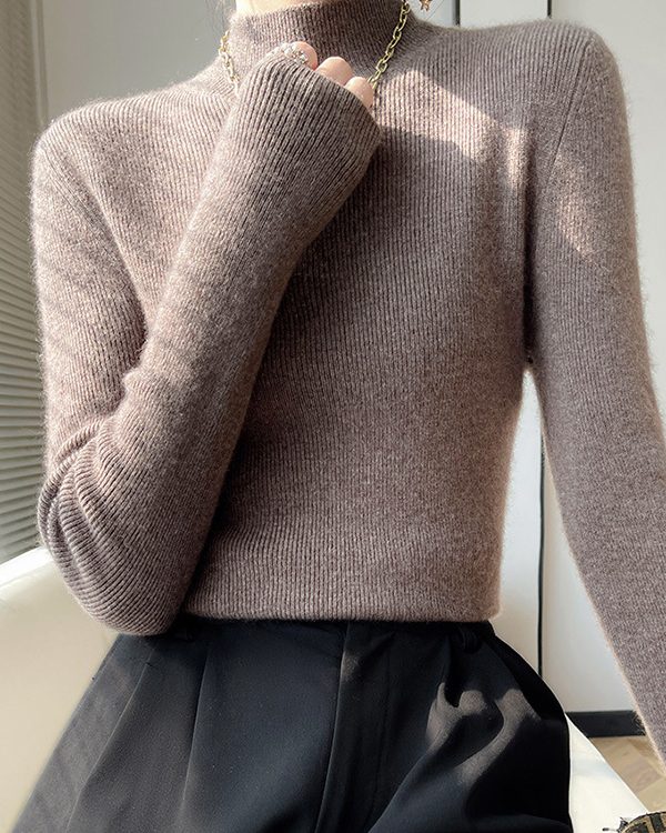 Casual Skinny Long Sleeves Solid Color Half Turtleneck Sweater Tops