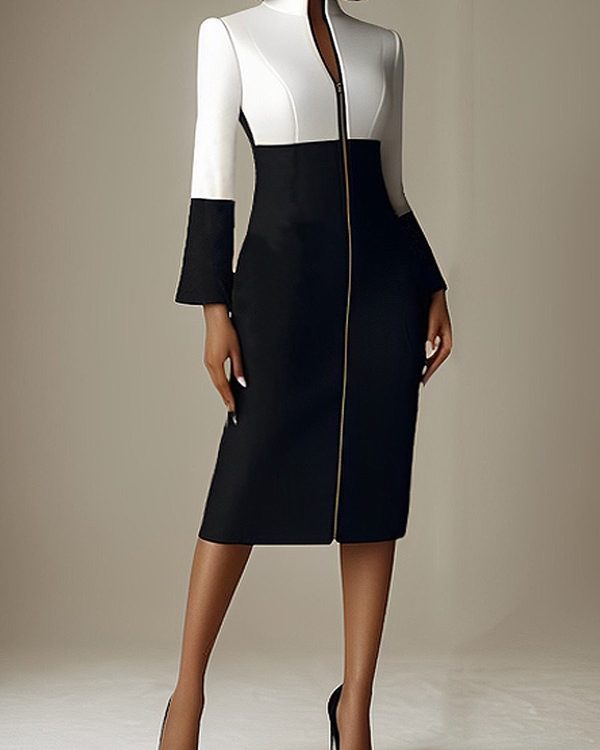Long Sleeves Contrast Color Split-Joint Zipper Stand Collar Midi Dresses