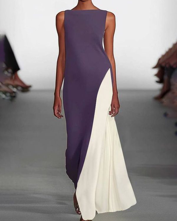 Loose Sleeveless Contrast Color Round-Neck Maxi Dresses