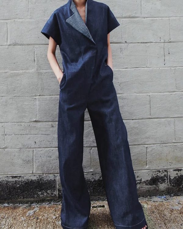High Waisted Loose Solid Color V-Neck Jumpsuits