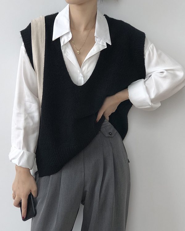 Knitting Irregularity Solid V-Neck Vest