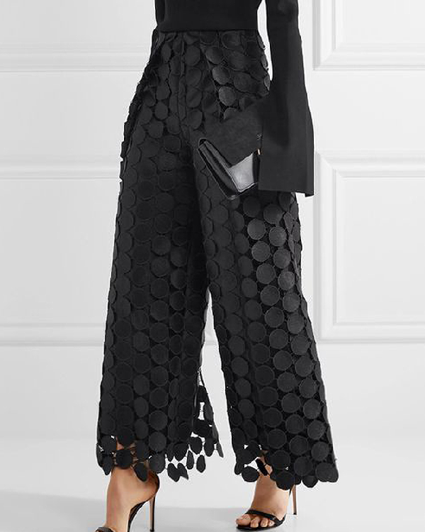 High Waisted Wide Leg Hollow Polka Dot Solid Color Pants Trousers