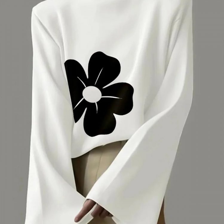 Flared Sleeves Long Sleeves Flower Print High Neck T-Shirts Tops