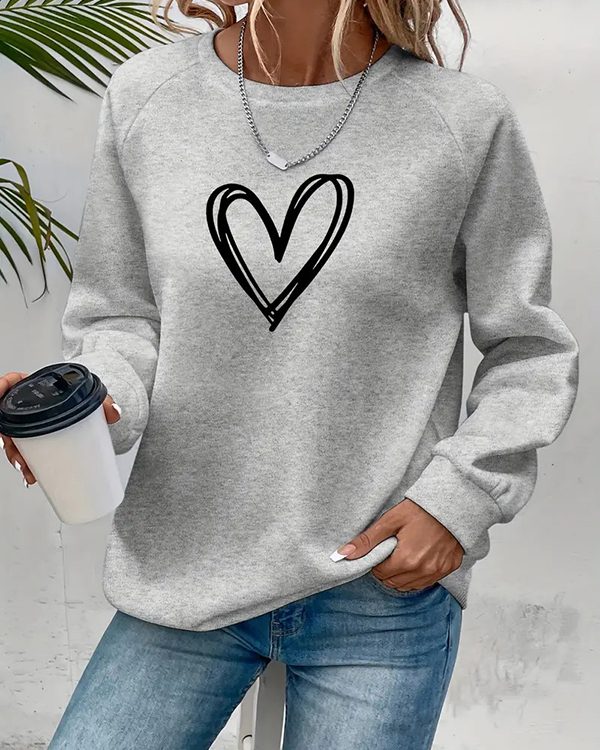 Long Sleeves Loose Heart Print Split-Joint Round-Neck Sweatshirt Tops