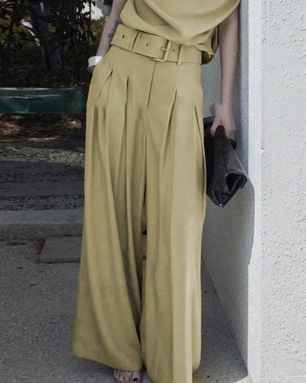 Loose Wide Leg Belted Pleated Solid Color Casual Pants Bottoms