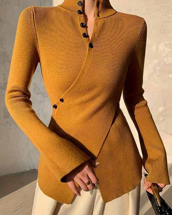 Long Sleeves Asymmetric Split-front Split-Joint V-neck Sweater Tops