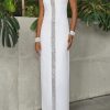 Loose Sleeveless Contrast Color Shiny Split-Back Mock Neck Maxi Dresses