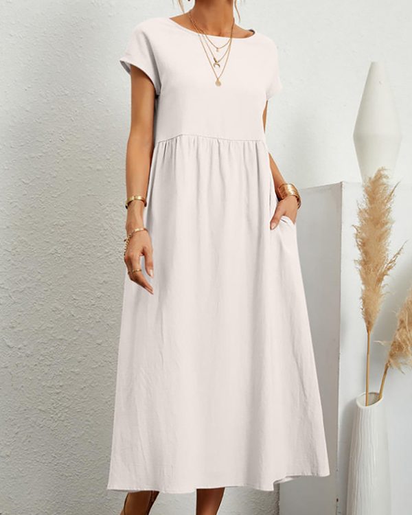Loose Short Sleeves Pleated Solid Color Round-Neck Midi Dresses
