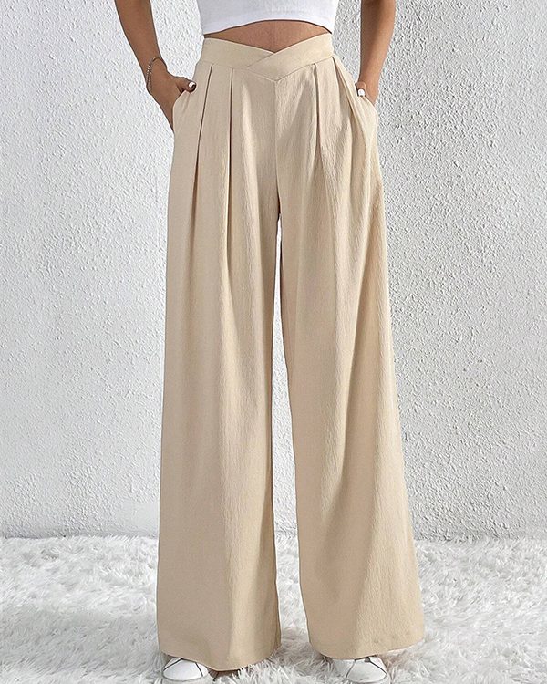 Loose Wide Leg Pleated Solid Color Pants Trousers
