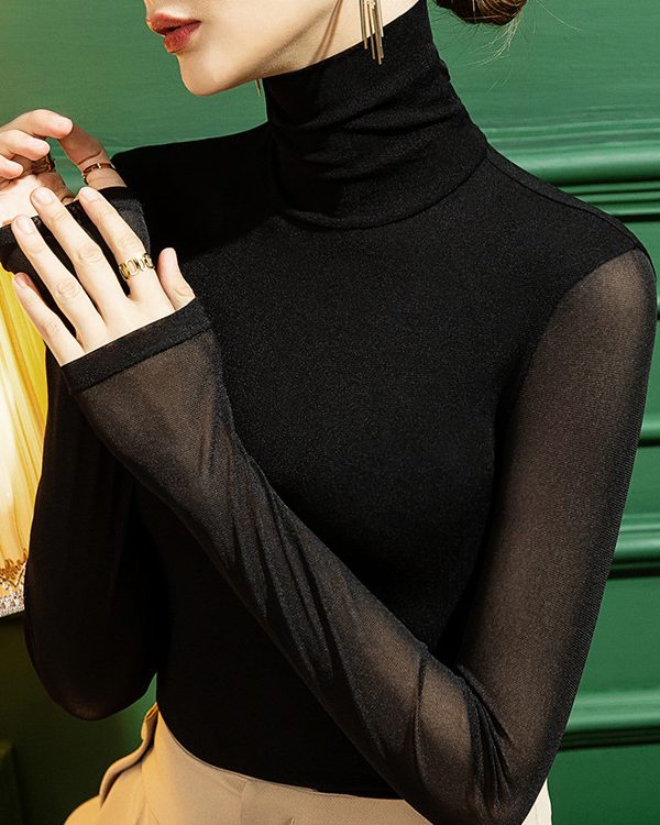 Long Sleeves Plus Size See-Through Solid Color Split-Joint High Neck T-Shirts