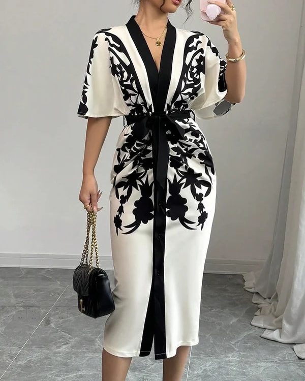 Half Sleeves Flower Print Printed Tied Waist V-Neck Midi Dresses