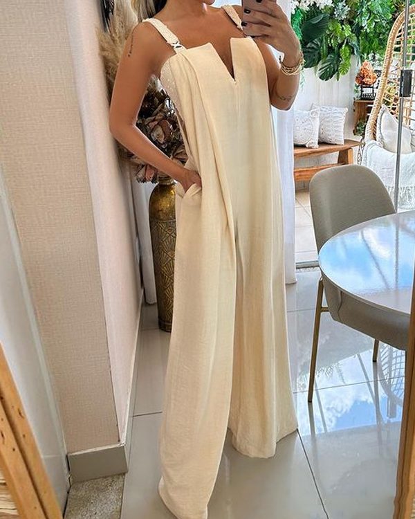 Loose Sleeveless Pockets Split-side Jumpsuits