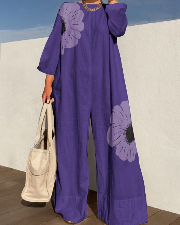 Long Sleeves Loose Flower Print Round-Neck Jumpsuits