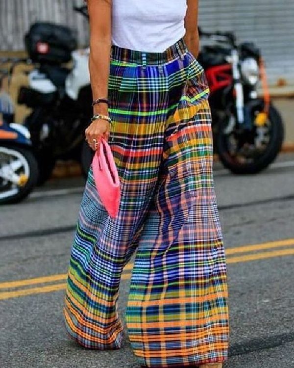 Stylish Selection Wide Leg Loose Checkerboard Printed Casual Pants Bottoms