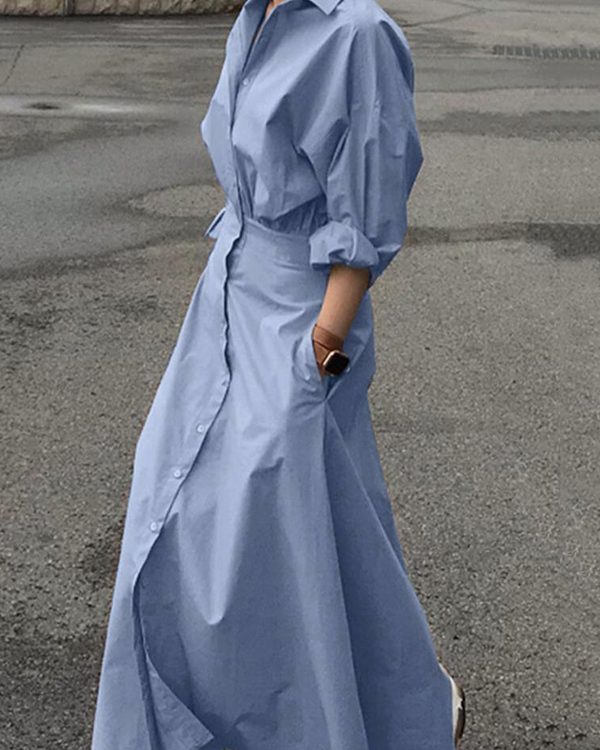 Loose Puff Sleeves Pleated Solid Color Split-Joint Lapel Maxi Dresses Shirt Dress
