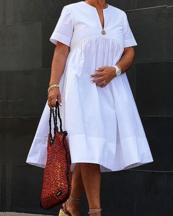 Loose Short Sleeves Solid Color Deep V-Neck Midi Dresses Shirt Dress
