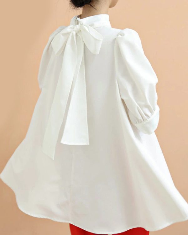 Casual Loose Bow-Embellished Solid Color Blouse