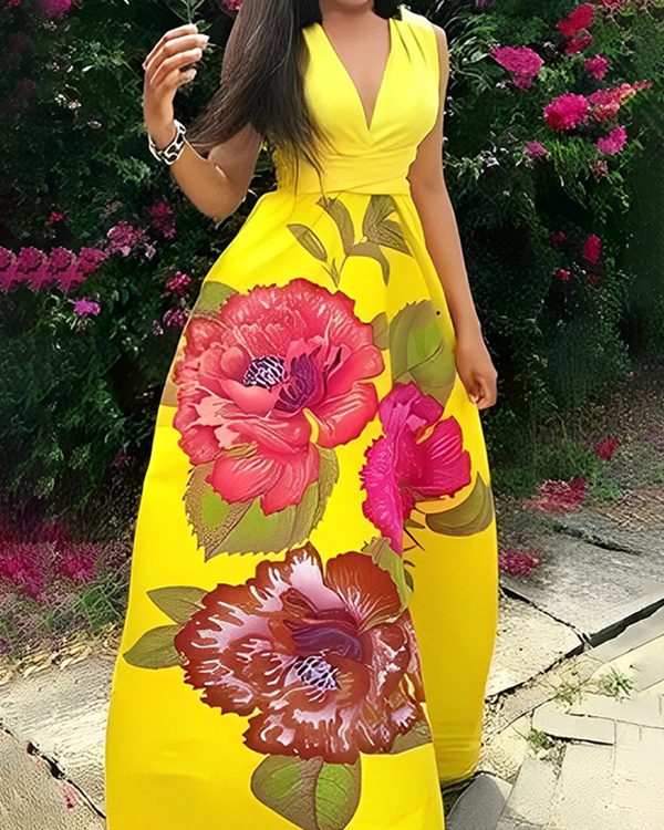A-Line Sleeveless Flower Print Split-Joint V-Neck Maxi Dresses
