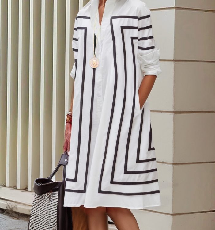 Half Sleeves Loose Buttoned Striped Lapel Midi Dresses Shirt Dress