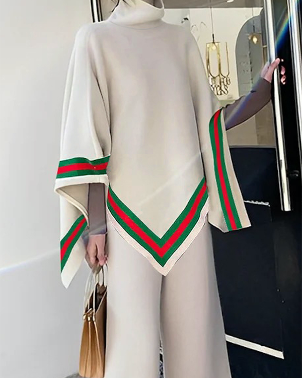 Irregular Clipping Loose Asymmetric Striped High Neck Sweater Tops