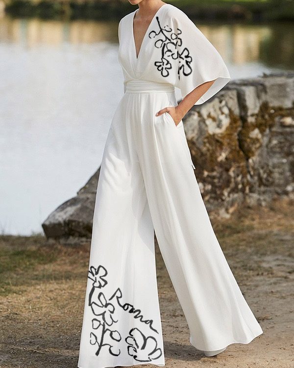 Half Sleeves High Waisted Flower Print Pleated Pockets Deep V-Neck Jumpsuits