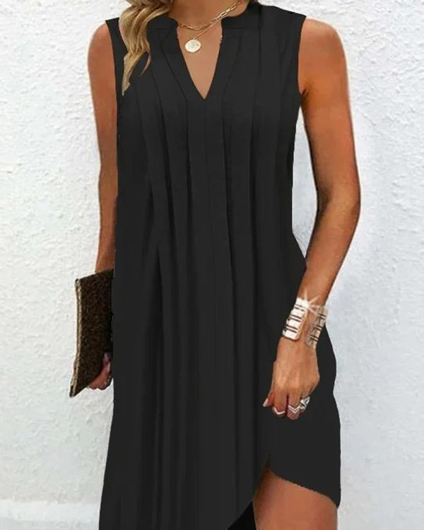 Loose Sleeveless Pleated Solid Color V-neck Mini Dresses