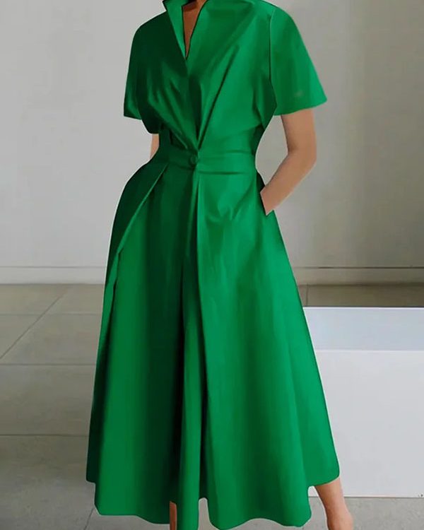 High Waisted Loose Pleated Solid Color V-Neck Midi Dresses