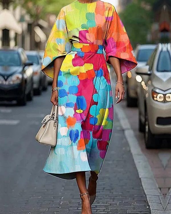 Loose Asymmetric Split-Joint Tied Waist Round-Neck Midi Dresses