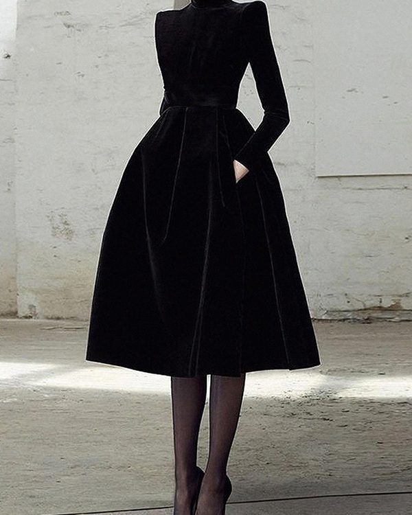 Long Sleeves Skinny Solid Color High Neck Midi Dresses