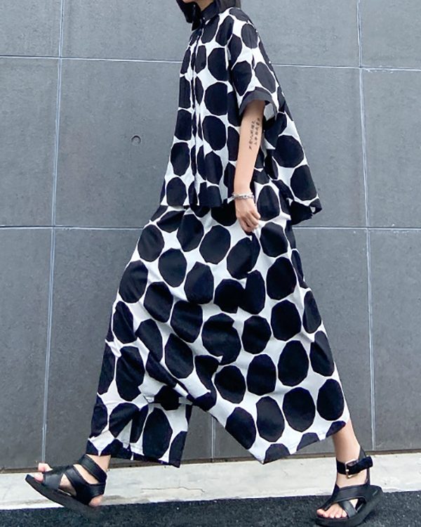 Batwing Sleeves Buttoned Polka-Dot Round-Neck Shirts Top + Elasticity Pockets Harem Pants Pants Bottom Two Pieces Set