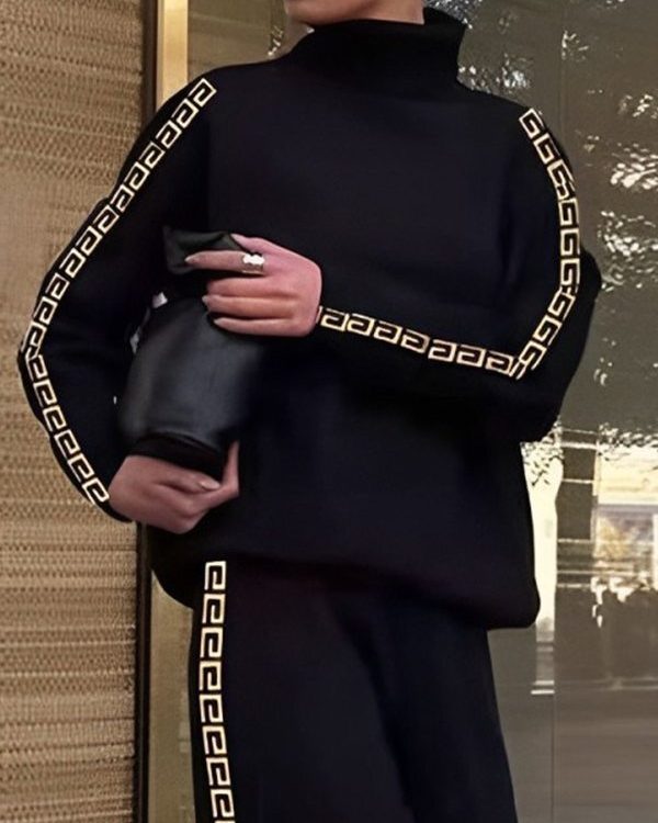 Long Sleeves Loose Printed Solid Color High Neck Sweatshirt Tops