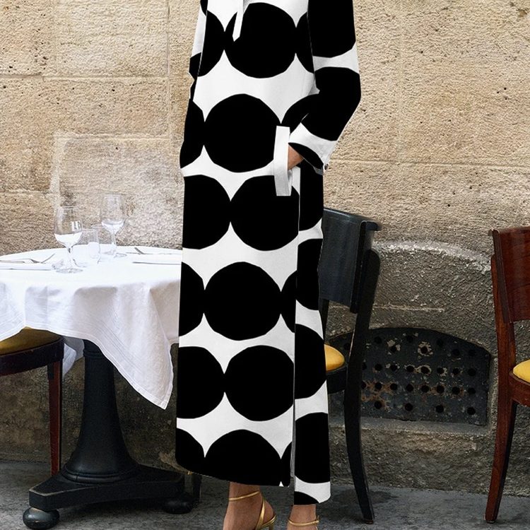 Long Sleeves Loose Polka-Dot Split-Side Stand Collar Midi Dresses