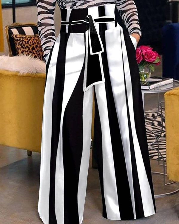 High Waisted Loose Striped Tied Waist Pants Trousers