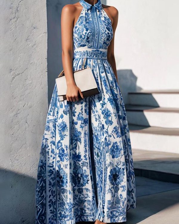 A-Line Loose Flower Print Split-Joint Lapel Maxi Dresses